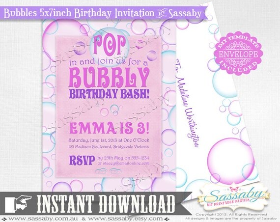 Bubbles Invitation - INSTANT DOWNLOAD - Editable & Printable Birthday Invitation by Sassaby Il_570xn
