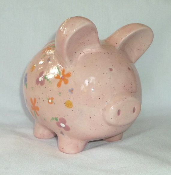 Hand painted Ceramic Piggy Bank Pink with by VickyLynnDesigns