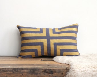 Doha lumbar pillow cover hand printed in Metallic gold on slate blue organic hemp