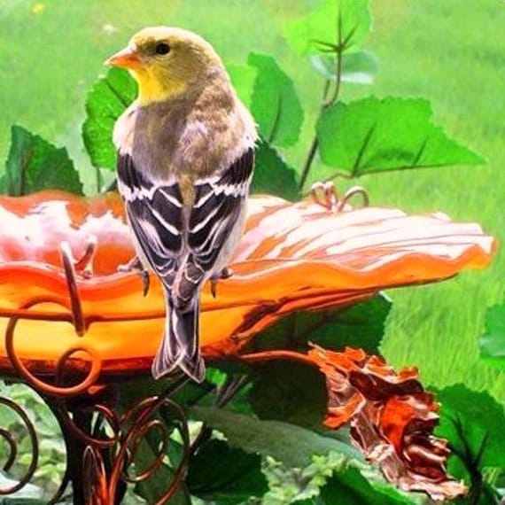 Suncatcher BIRD BATH Stained glass Garden Decor copper