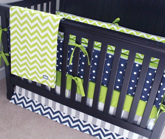 Baby Boy Crib Bedding Set Green Gray Navy Blue Nursery