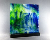 Art Glass Sculpture Abstract Dimensional Watercolor  Blues and Greens Blended Together Artist Signed