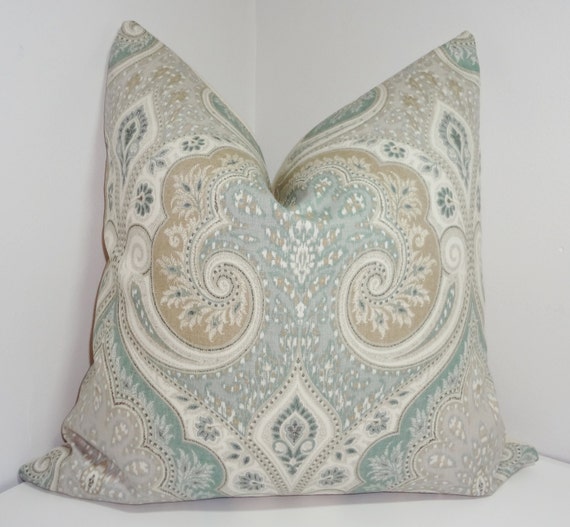 Kravet Latika Seafoam Linen Ikat Pillow Cover Green Tan