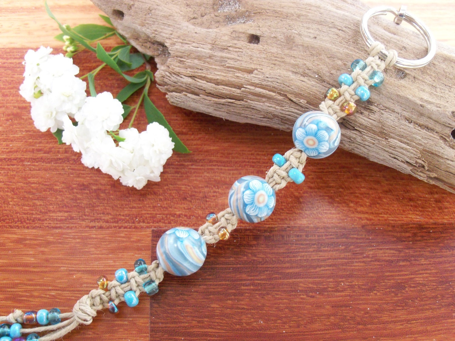 Beaded Keychain polymer clay and hemp