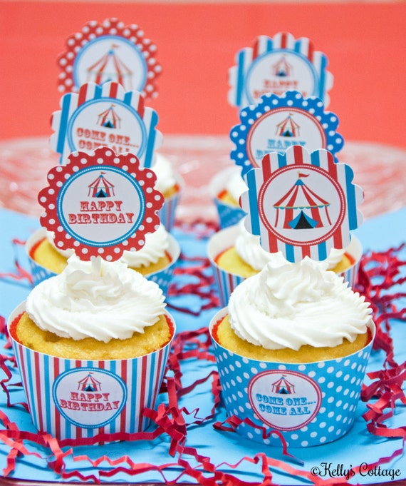 Circus Birthday Party Cupcake Kit- 2 Inch Party Circles and Cupcake Wrappers, Instant Download, Printable Il_570xn