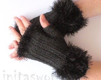 Fingerless Gloves Dark Gray Arm Warmers Mittens 7 inch Knit, Wool Acrylic