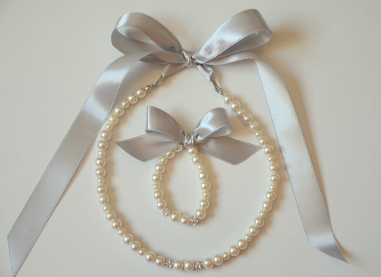 Silver Flower girl jewelry set adjustable necklace and