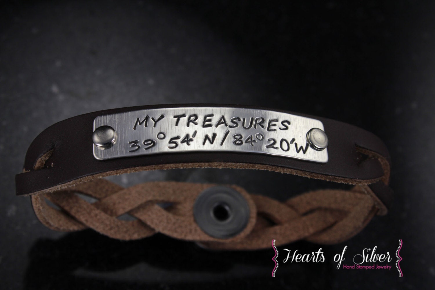 Leather Bracelet Hand Stamped Braided Leather Bracelet ID