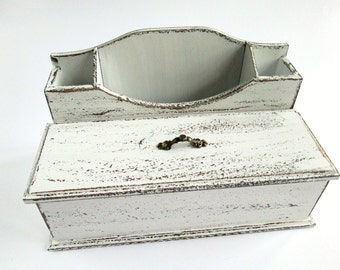 Desk Organizer - Wooden Pen Holder - Stationery Box - Gift For Teacher -Rustic White Office Decor / Make-up Organizer - Pen Holder For Desk