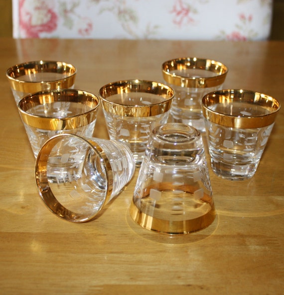 Vintage Royale Crystal Gold Rimmed Etched Shot Glasses Set