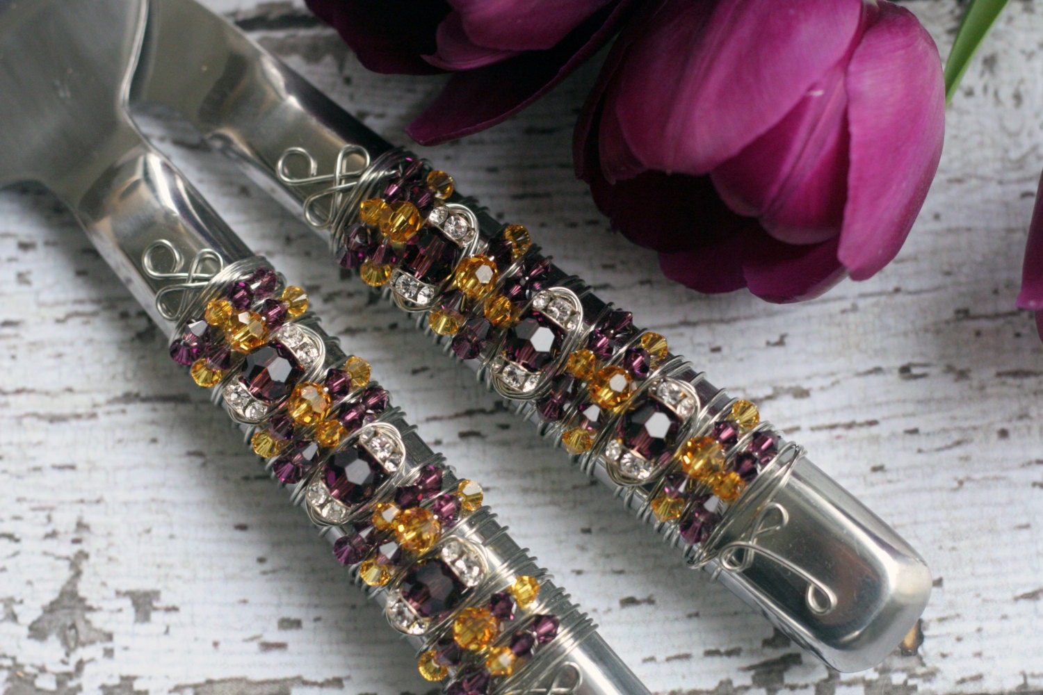 Plum & Sunflower SWARKOVSKI Beaded Wedding Cake Serving Set