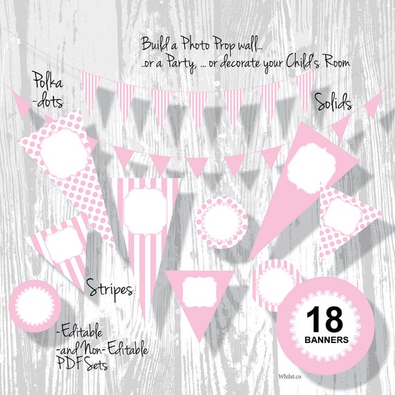 SALE Pink Birthday Banner Party Banner PDF Editable Stripe Polka Dot Pennants 3 Sizes 18 Banners : BA0201 3s3750 Il_570xn