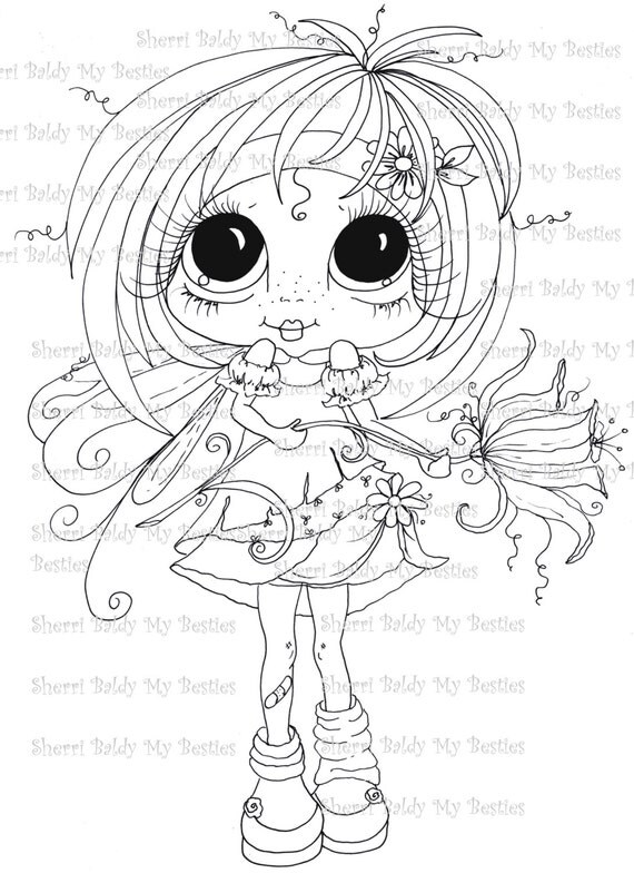 INSTANT DOWNLOAD Digital Digi Stamps Big Eye Big Head Dolls Digi Fairy Kitty IMG359 Garden Flower Fairy Petals  By Sherri Baldy