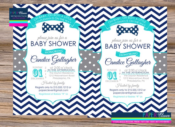 Boys baby shower invitation - retro bowtie, gray, navy, aqua - digital file, printed invitations #2367890 Il_570xn