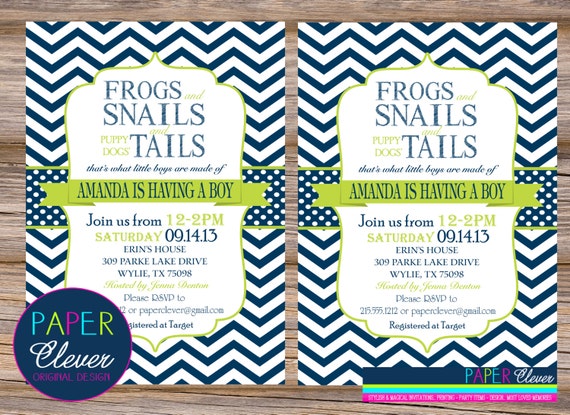 Boys Baby Shower Invitation frogs snails & puppy chevron stripe - printable,digital #109 Il_570xn