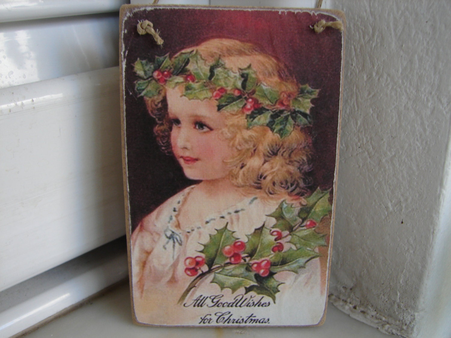 Vintage Child decorated in holly Christmas image, tree decoration-vintage image sealed onto wood-Holiday season