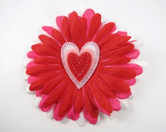 Heart Flower Hair Bow - Red Hair Clip - Red Hair Bow - Pink Hair Clip - Heart Hair Clip - Red Pink White Hair Clip