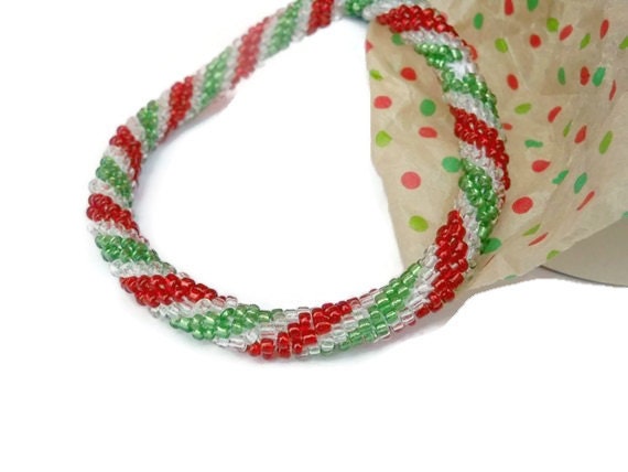 Crochet Bead Bangle Bracelet Red Green Clear Spiral Rope