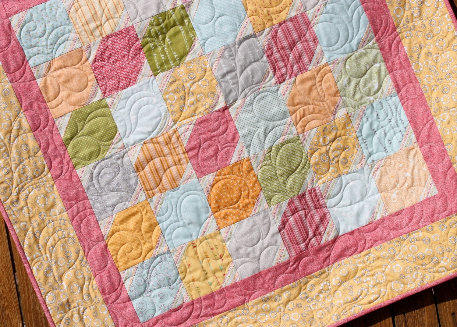 Pastel Noteworthy Baby Quilt Pink Yellow Green by JennyMsQuilts