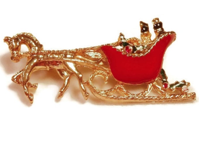 Red holiday sled brooch, carriage horse buggy brooch pin enamel with holly and berries and a red rhinestone, gold tone