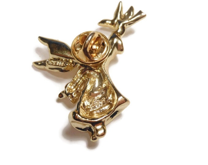 FREE SHIPPING Angel with dove brooch, brushed and glossy gold tone pin or tie tack by mystery designer Gigi Giusti