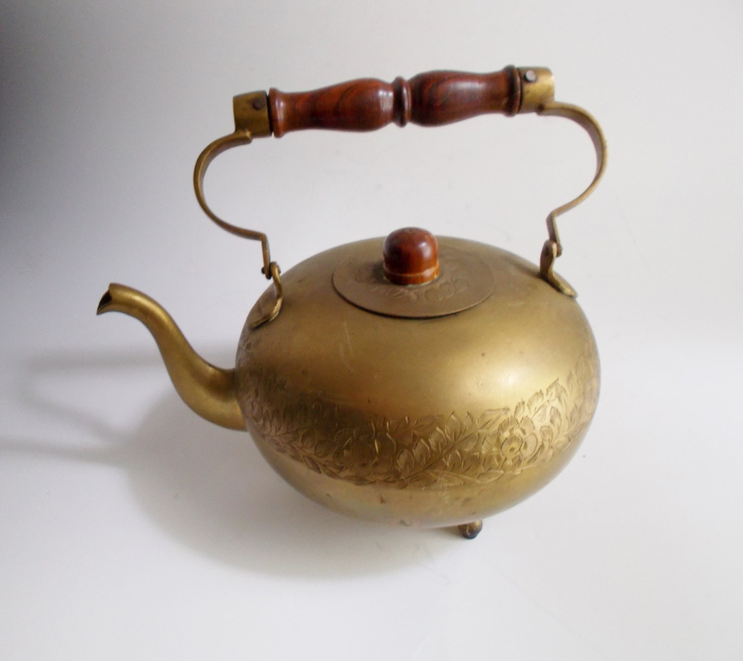 Vintage Brass Teapot Footed Etched Floral Made In India 2081