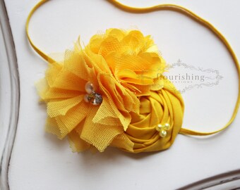 Yellow Flower headband, everyday headbands, back to basics headbands, newborn headbands, photography prop