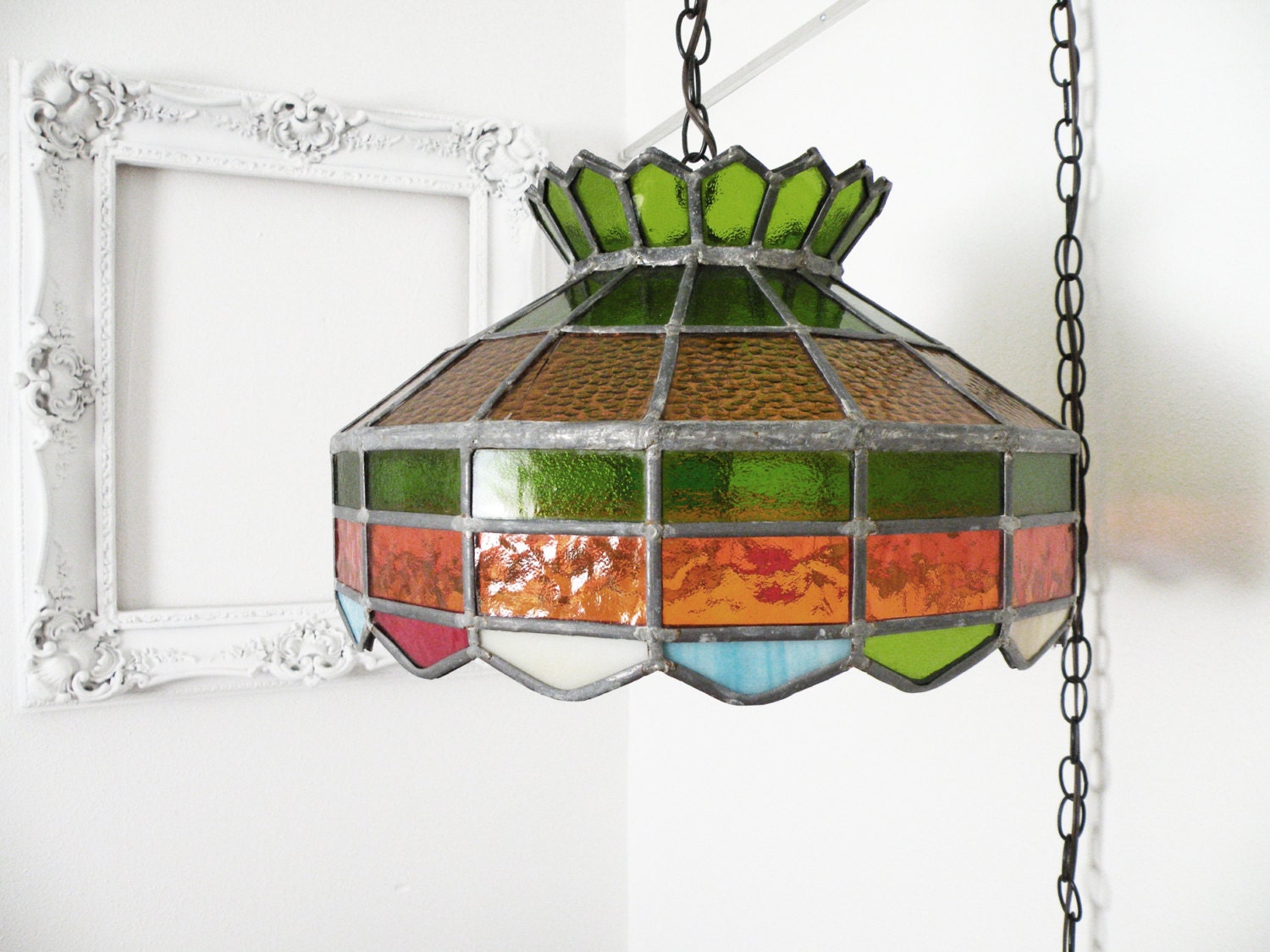70s Vintage Leaded Stained Glass Swag Lamp Hanging Light