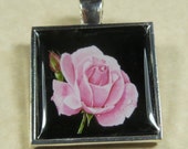 Pink Rose Square Pendant/Charm - may be personalized