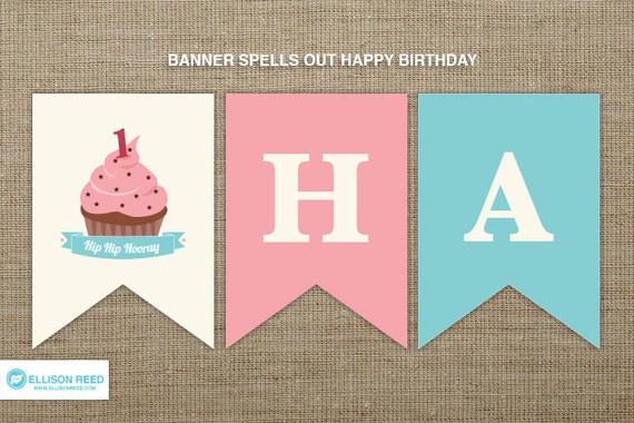 First Birthday Cupcake Banner - Cupcake Printable Party - Pink Birthday Printable - Girl Birthday Printable - Party Decorations Il_570xn