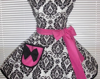 Sweetheart Retro Apron Black and White Damask with Fuchsia