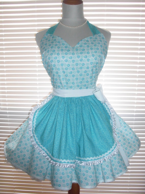 French Maid Apron Light Teal Blue and White with Turquoise