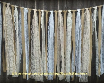 Rustic Charm Barn Wedding Burlap and Lace Garlands, Swag, Rag Tie Backdrop, Lace Curtain, Shabby Chic hanging wedding decoration, backdrop