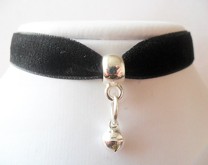 Lucky kitty velvet choker necklace black with kitty cat bell charm and 3/8”inch wide, ribbon choker necklace (pick your neck size)