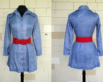 70s Blue dress with red buttons, Polyester Brady Bunch / Partridge ...