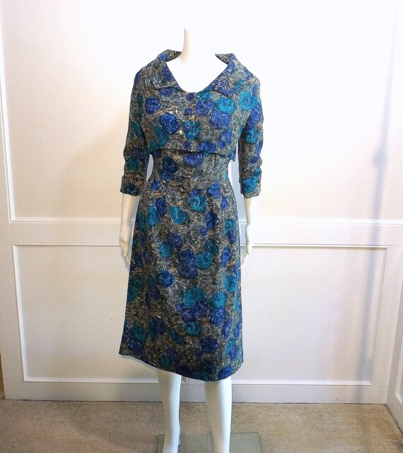 1950's Vintage Blue Print Dress with Jacket OOAK Size by KatsCache