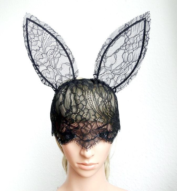 Black Lace Bunny Rabbit Ear Veil Mask Hairband Headband Alice 3549