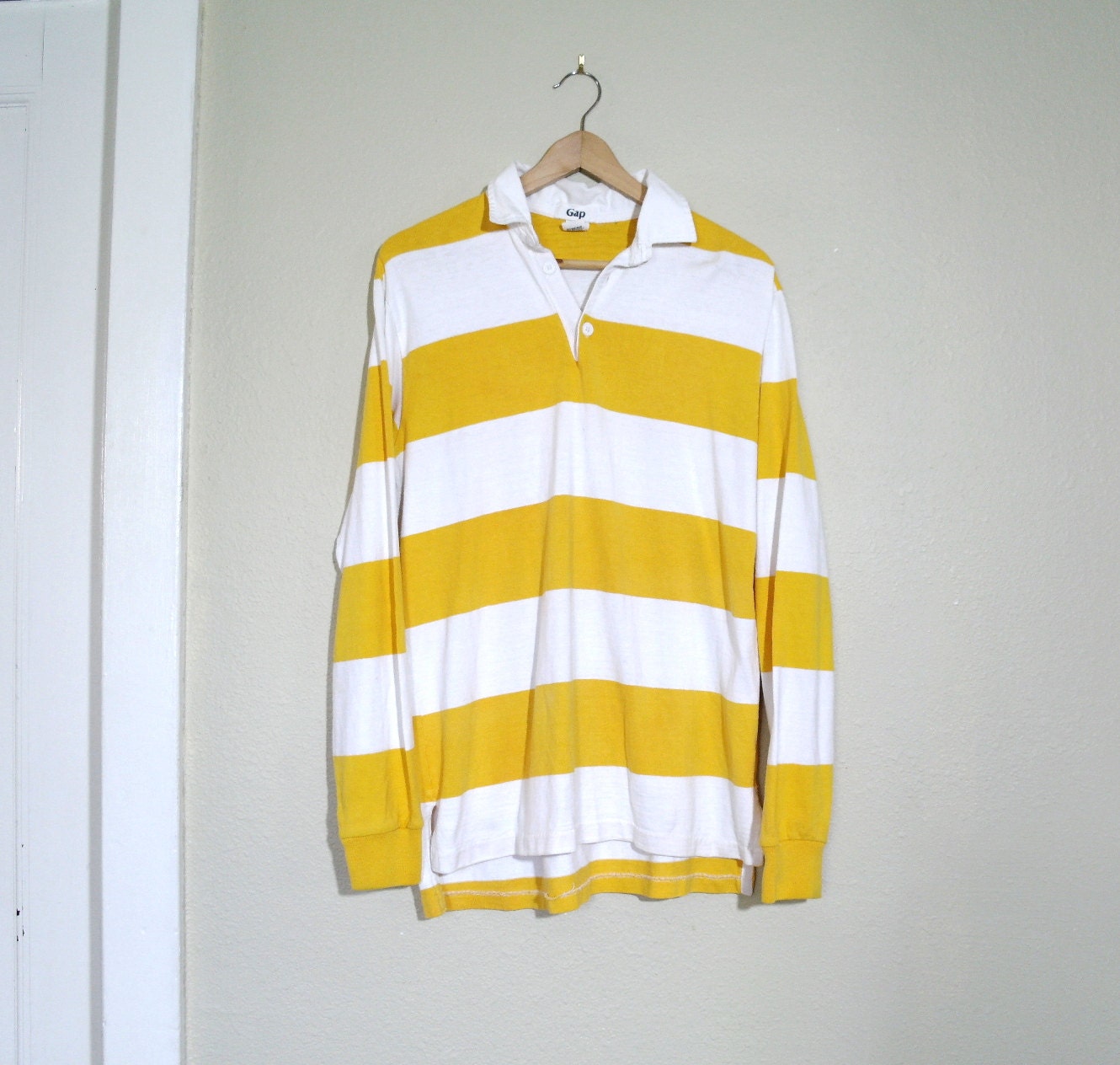 Vintage 90s Gap Shirt Rugby Shirt Yellow and White Stripe