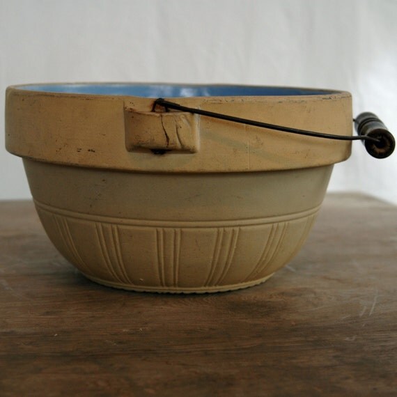 Antique Roseville Pottery Stoneware Bowl with Bail Handle and