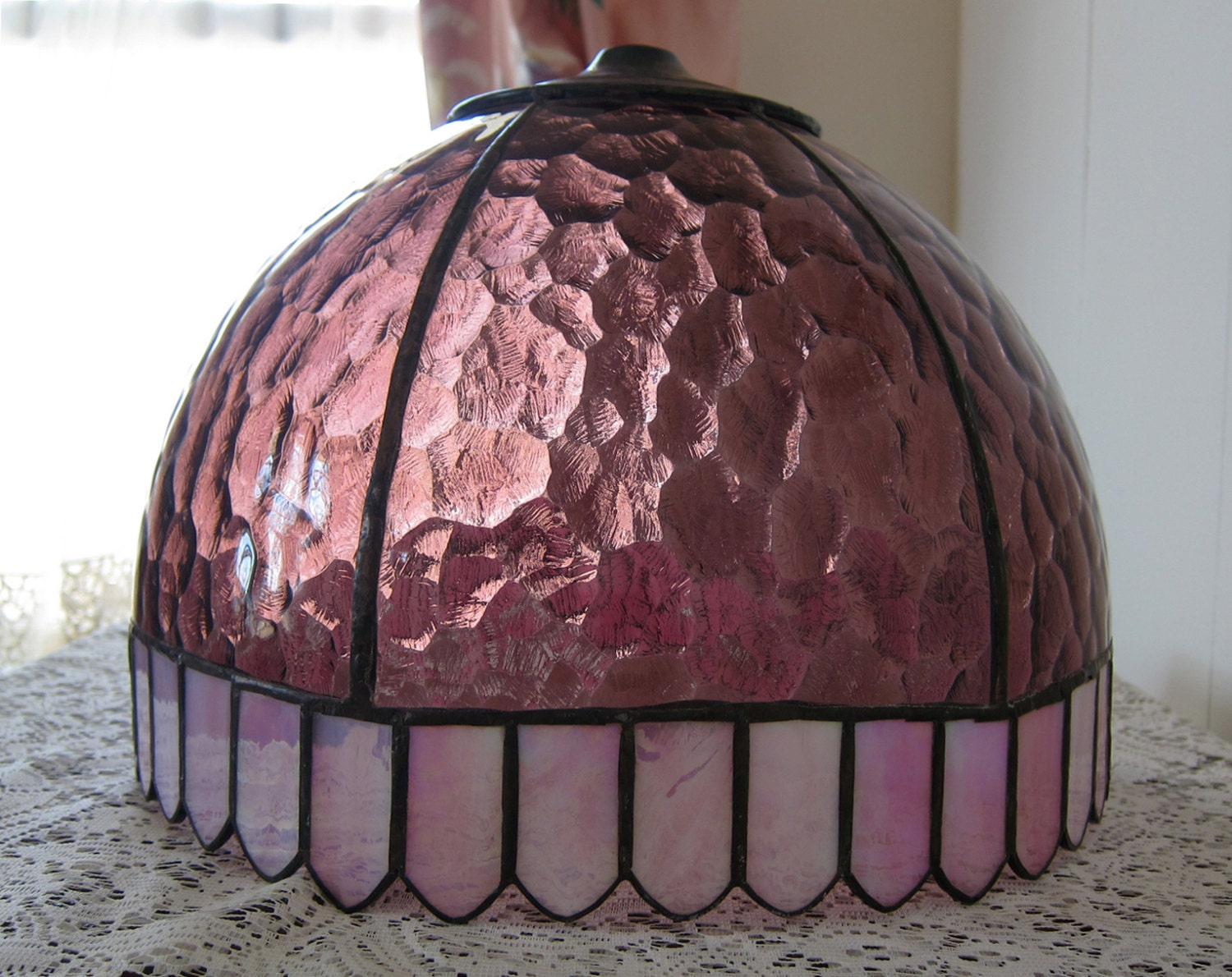Vintage Pink Lamp Shade Large Stained Glass Slag Glass Table