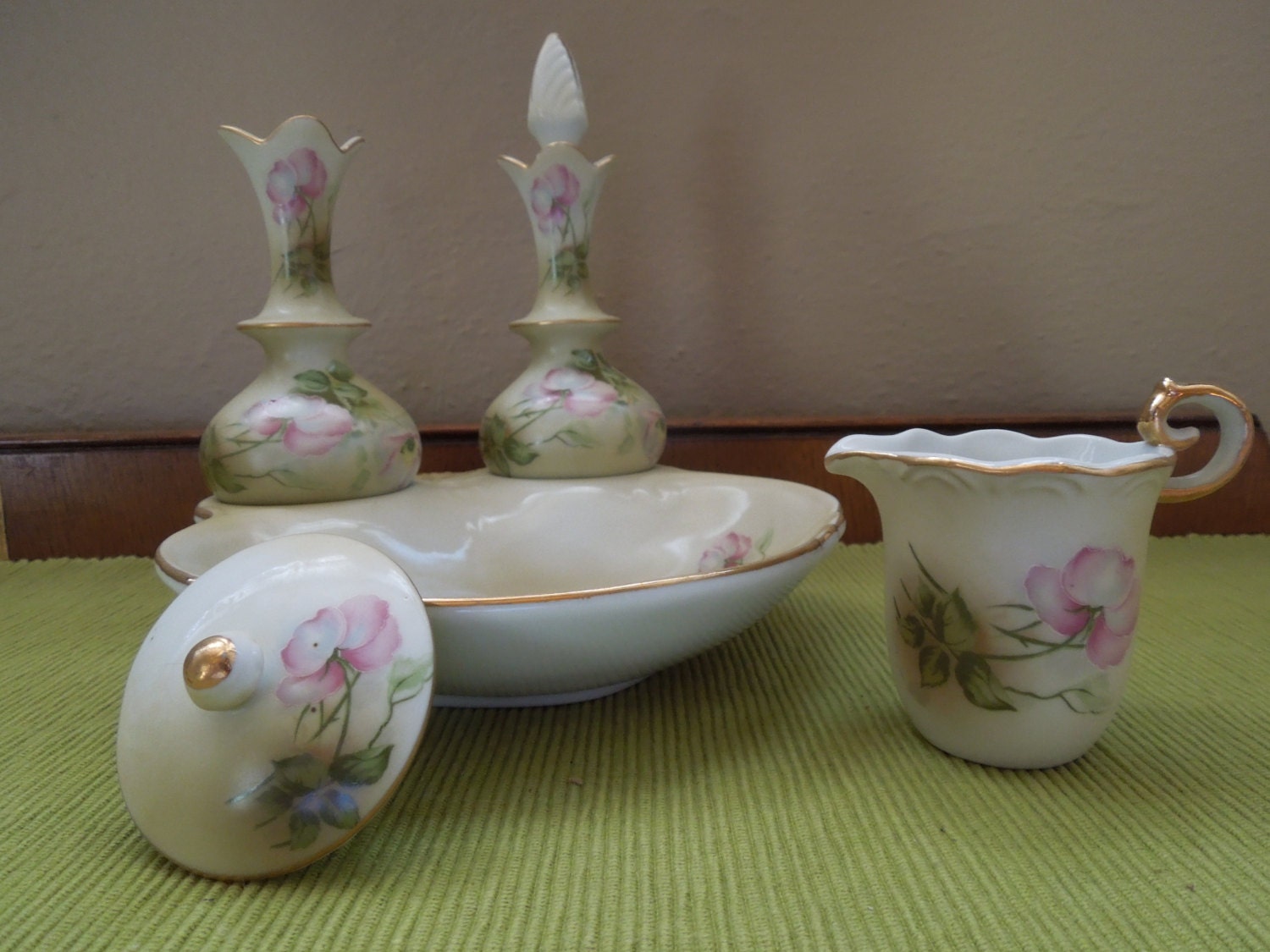 RARE Hand Painted Nippon China Cruet Set Antique Roses