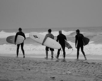 black and white surfer photograph, 5 x 7 matter photo, group of surfers, Huntington Beach