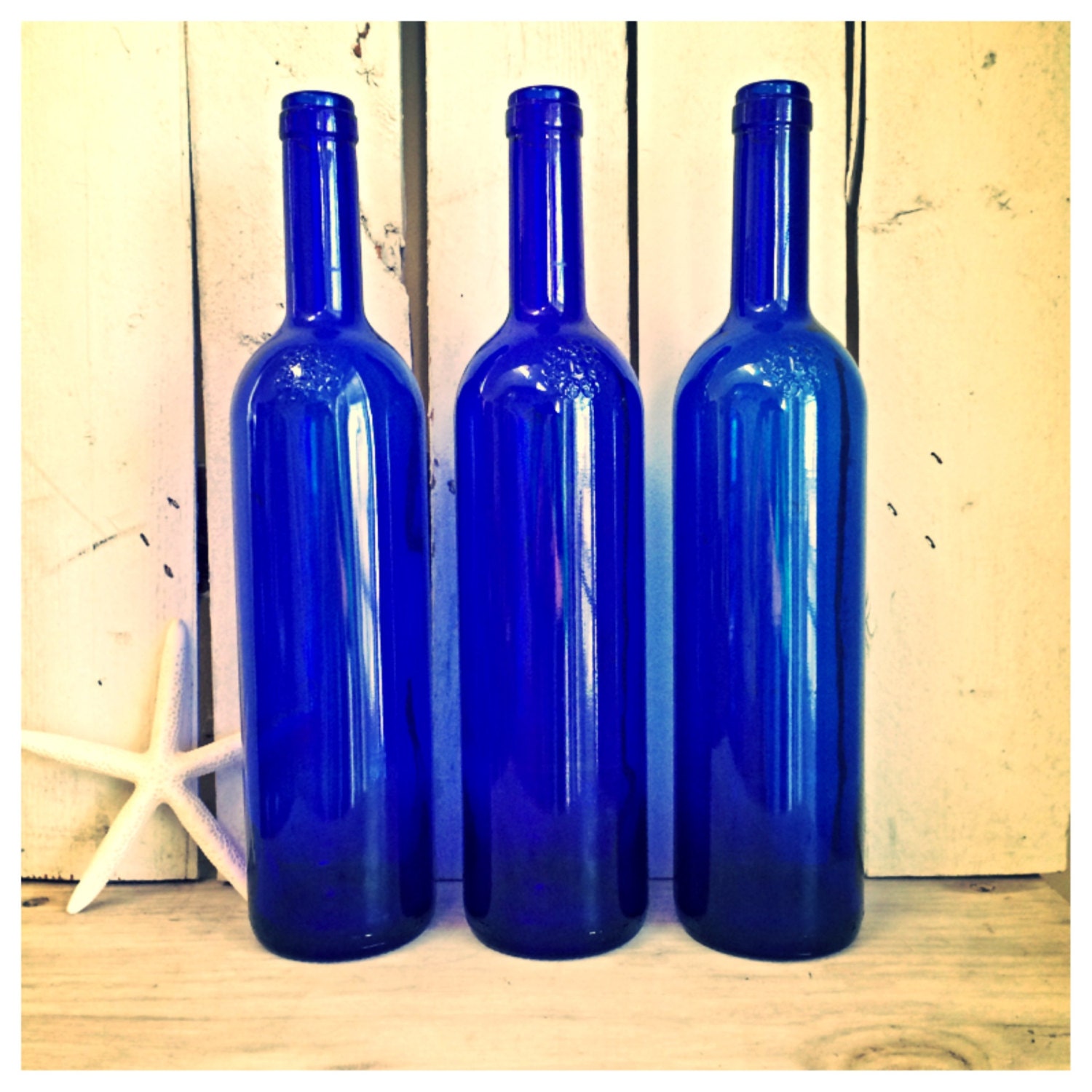 SALE Three cobalt blue glass bottles blue supply bottles