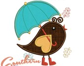 Umbrella Bird Applique, Spring- May Showers Bird,  Water-boots, Spring or Autumn applique design, Machine Embroidery via instant download