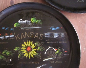 Black Lacquerware Kansas Souvenir Tray With Sunflower and State Sights