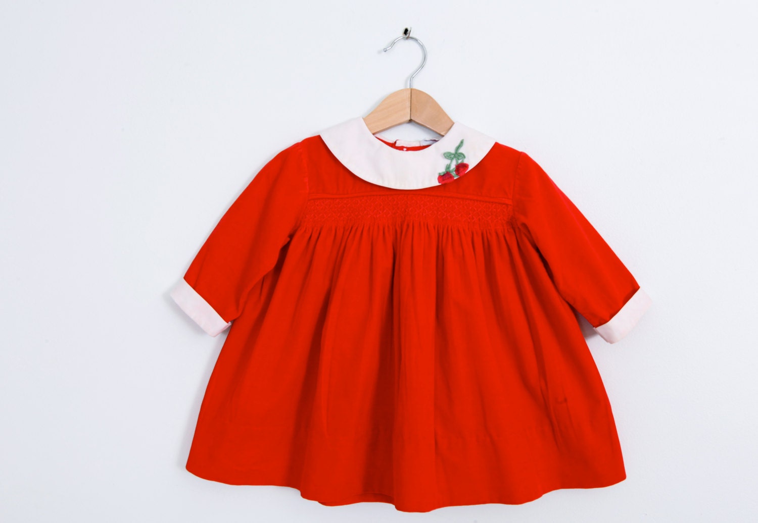 Vintage Baby Dress in Smocked Red Velvet with Cherries by udaskids