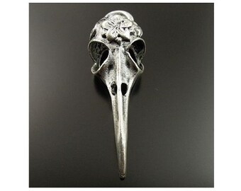 2 Bird Skull Pendants with Flower 3-D Pendant Antique Silver Tone READ DETAILS Long Beak Birds Creepy Gothic Jewelry 41x14 mm