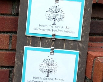 Distressed Wood Picture Frame - Holds 2 - 5x7 Photos - Vertical Boards with Horizontal Mats - Chocolate Brown & Aqua