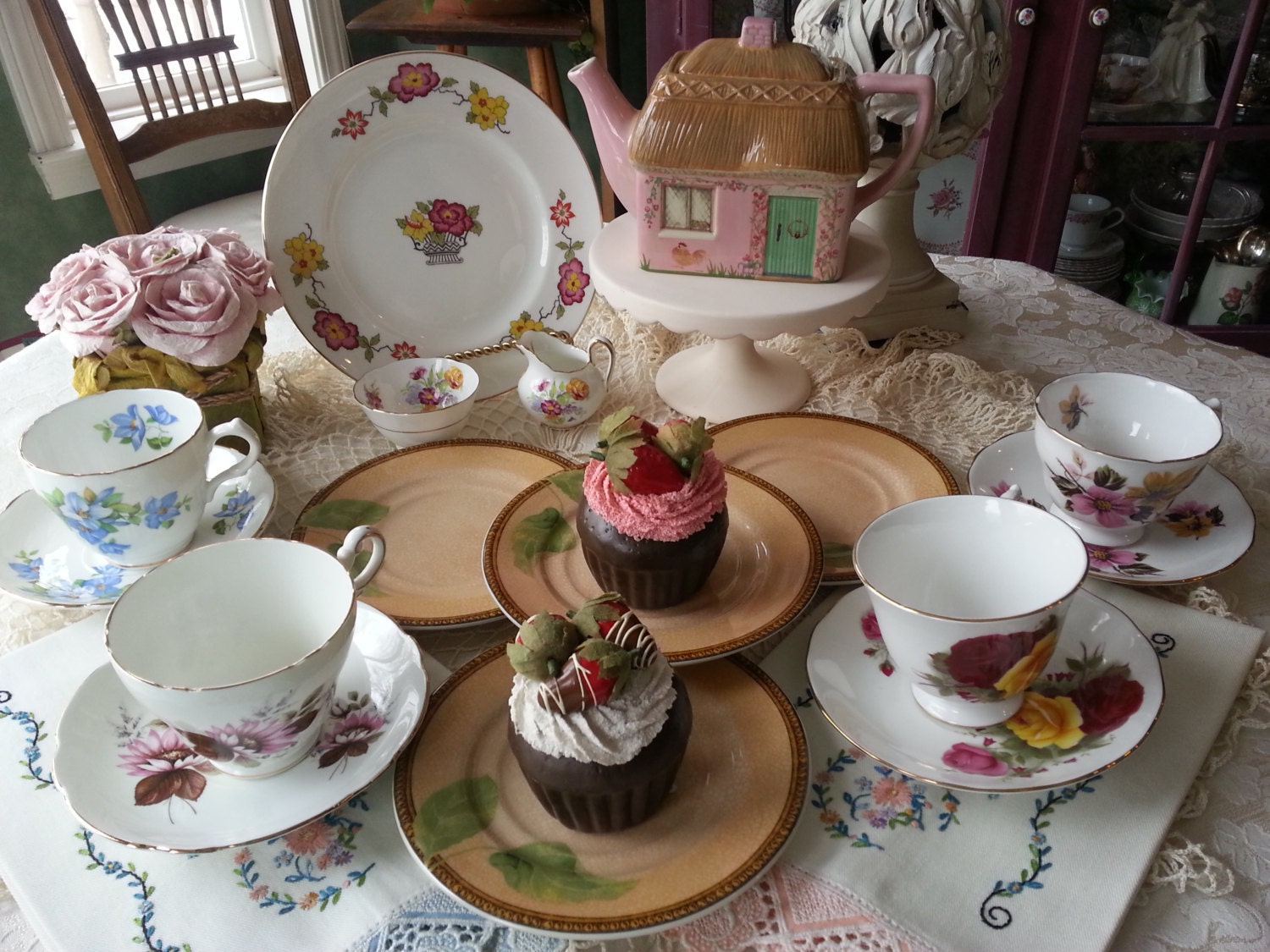 Lovely Little 18 Piece English Mismatched Tea Set for Four, Cottage Tea
