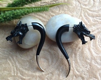 Fake Gauge Earrings, "Dragon Spikes" Hand Carved, Horn, Silver Ends, Naturally Organic, Tribal